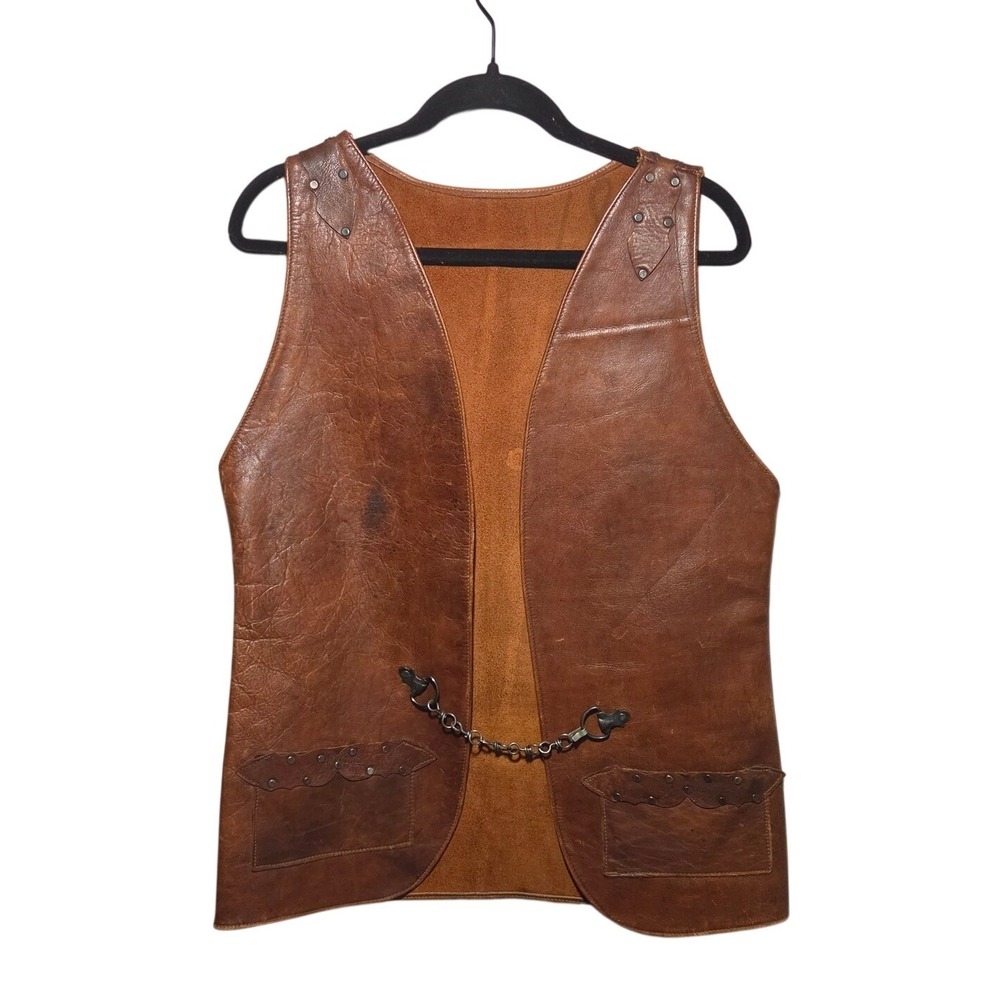 Vintage Leather Vest Mens Small Brown Western Biker Pockets Chain 70s Western